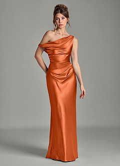 Azazie Emerson Bridesmaid Dresses Burnt Orange Mermaid Off the Shoulder Metallic Satin Dress image1