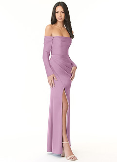 Azazie Hallie Bridesmaid Dresses Wisteria Sheath Off-The-Shoulder Long Sleeve Stretch Satin Convertible Dress image5
