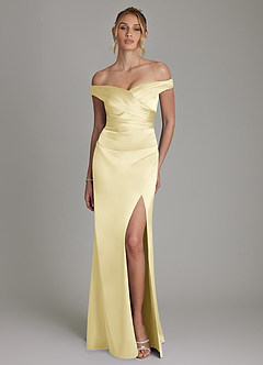Azazie Teyana Jurken voor bruidsmeisjes Jurk van Stretch Satijn met Kolom Off the Shoulder Citroensorbet image4