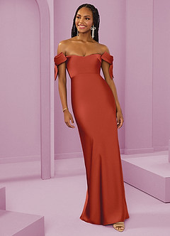 Barbie ♥ Azazie Bridesmaid Dresses Rust Sheath Off the Shoulder Stretch Satin Convertible Dress image10