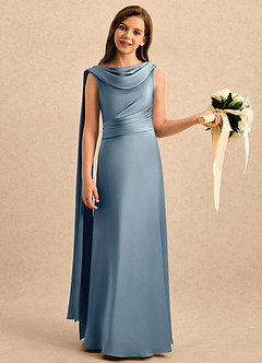 Azazie Sanah Girls Formal Vestidos de florista Vestido Azul Empoeirado de Cetim elástico de Linha A com Plissado image3