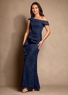 Azazie Hamptons Mother of the Bride Dresses Dark Navy A-Line Pleated Floral Burnout Dress image5