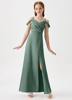 Azazie Ocean Junior Eucalyptus A-Line Off the Shoulder Stretch Satin Dress image1