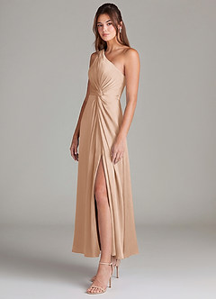 Azazie Brooke Robes de demoiselle d'honneur Robe Trapèze en Satin extensible Une épaule Rose Perle image5