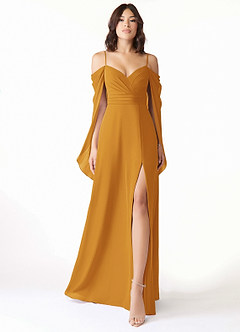 Azazie Cienna Bridesmaid Dresses Butterscotch A-Line Off the Shoulder Chiffon Dress image1