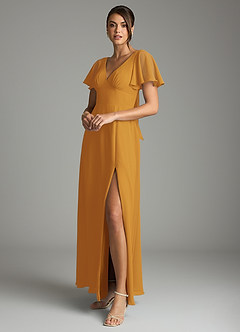 Azazie Kimber Bridesmaid Dresses Butterscotch A-Line Flounce Sleeve Chiffon Dress image5