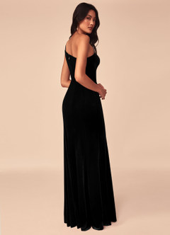 Azazie Kala Vestidos de damas de honor Vestido de Negro de terciopelo de Corte en A con Un hombro image4