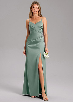 Azazie Azuree Essayer des robes à la maison Robe Trapèze en Satin extensible Plissée Eucalyptus image1