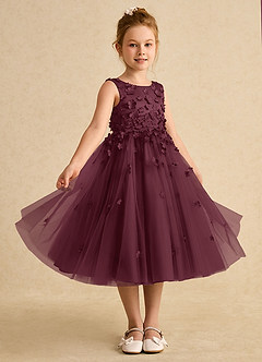 Azazie Lana Robe Demoiselle D'honneur Fillette Robe Trapèze en Mat Satiné Sans manches Cabernet image5