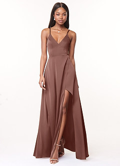 Azazie Maksim 신부 들러리 드레스 A라인 스트레치 새틴 바닥 길이 드레스 image1