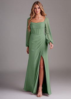 Azazie Charissa Brautjungfernkleider Etui Langarm Chiffon Kleid Matcha image3