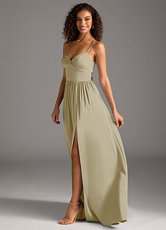 Azazie Zeya Robes de demoiselle d'honneur Robe Trapèze en Satin extensible Plissée Vert Mousse image7