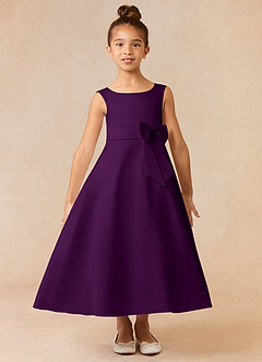 Azazie Lindy Flower Girl Dresses Grape A-Line Pleated Matte Satin Dress image2