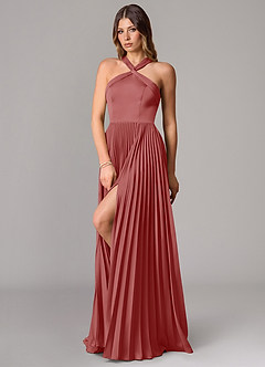 Azazie Afra Abiti da Damigella Abito A-Line in Raso Elasticizzato Plissettato Rosa Antica image4