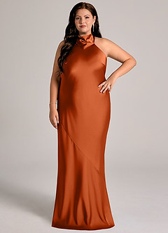 Azazie Velli Vestidos de damas de honor Vestido de Naranja Quemada de Satén Elástico de Corte Sirena con Cuello Alto image8