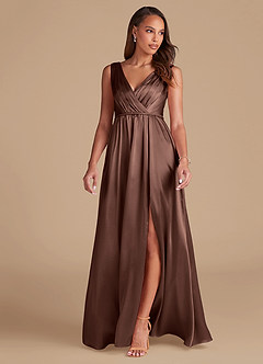 Azazie Tanicia Brautjungfernkleider A-Linie Plissee Metallischer Satin Kleid Espresso image3