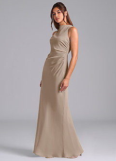 Azazie Evadne Bridesmaid Dresses Taupe Sheath Pleated Chiffon Dress image5