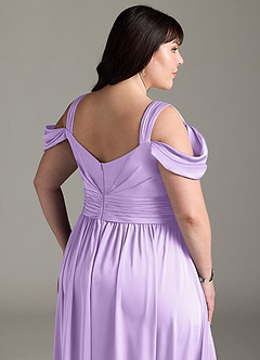 Azazie Lianne Bridesmaid Dresses Lilac A-Line Off the Shoulder Stretch Satin Dress image15