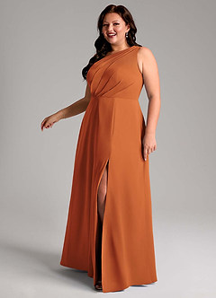 Azazie Phaedra Vestidos de damas de honor Vestido de Canela de Gasa de Corte en A con Hombro unilateral image12