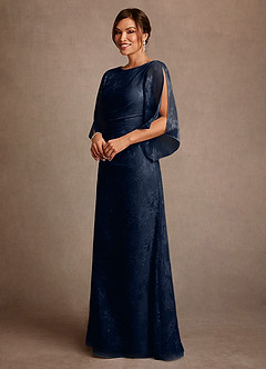 Azazie Anaheim Mother of the Bride Dresses Dark Navy Sheath Pleated Floral Burnout Dress image4