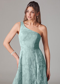 Azazie Ellianna 신부 들러리 드레스 A라인 한쪽 어깨 플로럴 번아웃 바닥 길이 드레스 image6