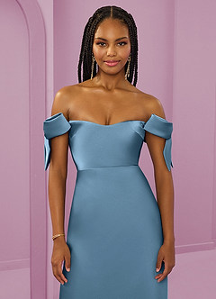 Barbie ♥ Azazie Bridesmaid Dresses Steel Blue Sheath Off the Shoulder Stretch Satin Convertible Dress image5