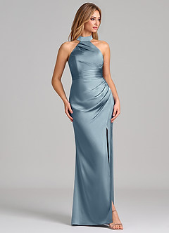 Azazie Karlotta Bridesmaid Dresses Dusty Blue Sheath Pleated Stretch Satin Dress image5
