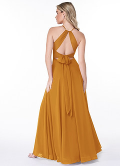 Azazie Evalleen Robes de demoiselle d'honneur Robe Trapèze en Mousseline de soie Plissée Caramel écossais image4