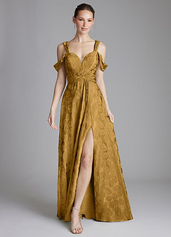 Azazie Emoria Bridesmaid Dresses Marigold Jacquard A-Line Off the Shoulder Jacquard Dress image1