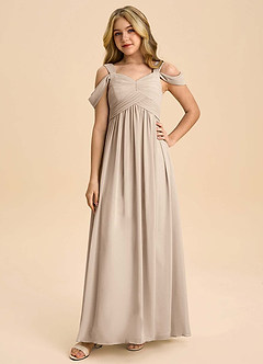 Azazie Lianne Junior Taupe A-Line Off the Shoulder Chiffon Dress image3