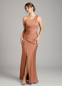 Azazie Madelyn Robes de demoiselle d'honneur Robe Sirène Convertible en Satin extensible Une épaule Bronze image1