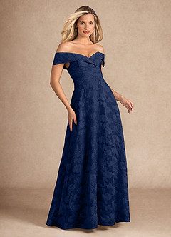 Azazie New London Mother of the Bride Dresses Dark Navy Jacquard A-Line Pleated Floral Burnout Dress image4