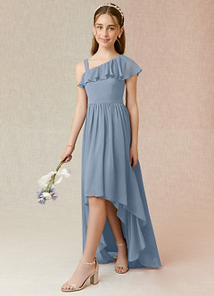 Azazie Mango Junior Jurk van Chiffon met A-Lijn Ruches Stoffig Blauw image3