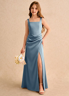 Azazie Noah Girls Formal Jurken voor bloemenmeisjes Kolom Jurk van Stretch Satijn Geplooide Stoffig Blauw image3