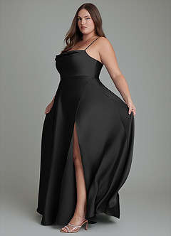 Azazie Elle Bridesmaid Dresses Black A-Line Pleated Stretch Satin Dress image14