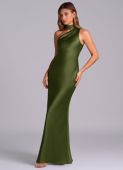 Azazie Seona Bridesmaid Dresses Olive Mermaid One Shoulder Stretch Satin Dress image6
