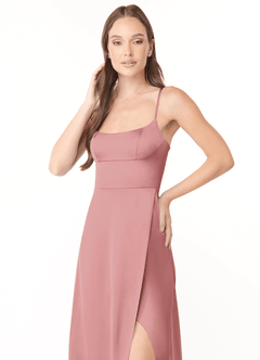 Azazie Halsey Bridesmaid Dresses Dusty Rose Sheath Side Slit Stretch Satin Dress image6