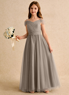 Azazie Yuna Girls Formal vestidos de niña de las flores Vestido de Gris Pardo de Tul de Corte en A con Vestidos sin tirantes image5