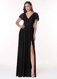 Azazie Jael Bridesmaid Dresses Black A-Line V-Neck Mesh Dress image1