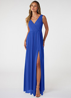 Azazie Tanicia Bridesmaid Dresses Royal Blue A-Line V-Neck Pleated Mesh Dress image1