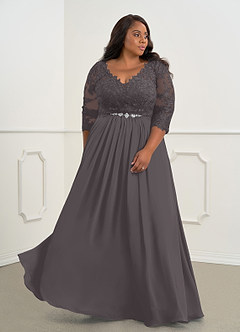 Azazie Hayek Mother of the Bride Dresses Steel Grey A-Line V-Neck Lace Chiffon Dress image9