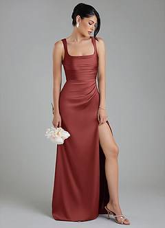 Azazie Sierra Robes de demoiselle d'honneur Robe Trapèze en Satin extensible Corset Terracotta image1
