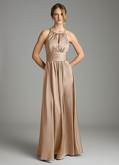 Azazie Bonnie Bridesmaid Dresses Taupe A-Line Pleated Stretch Satin Dress image3