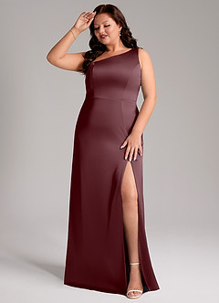 Azazie Phaedra Bridesmaid Dresses Sangria A-Line One Shoulder Stretch Satin Dress image3
