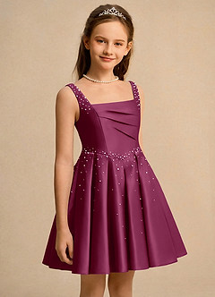 Azazie Jello Girls Formal Flower Girl Dresses Mulberry Ball-Gown Pleated Matte Satin Dress image3