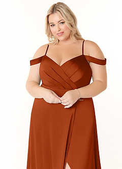 Azazie Ocean Brautjungfernkleider A-Linie V-Hals Gefaltet Stretch-Satin Kleid Gebranntes Orange image10
