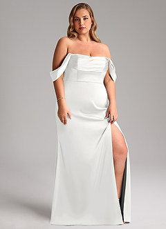 Azazie Saige Bridesmaid Dresses White Sheath Off the Shoulder Stretch Satin Dress image13