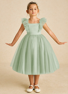 Azazie Cherub Blumenmädchenkleider A-Linie Riemen Tüll Kleid Staubiger Salbeigrün image1