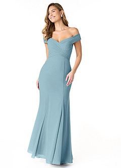 Azazie Lecia Bridesmaid Dresses Moody Blue Empire Off-The-Shoulder Pleated Chiffon Convertible Dress image1