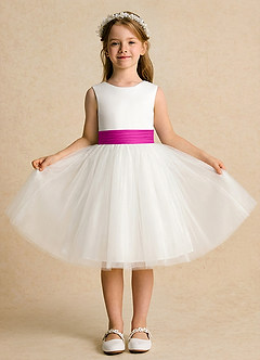 Azazie Sosie Flower Girl Dresses Ivory Fuchsia A-Line Pleated Tulle Dress image2